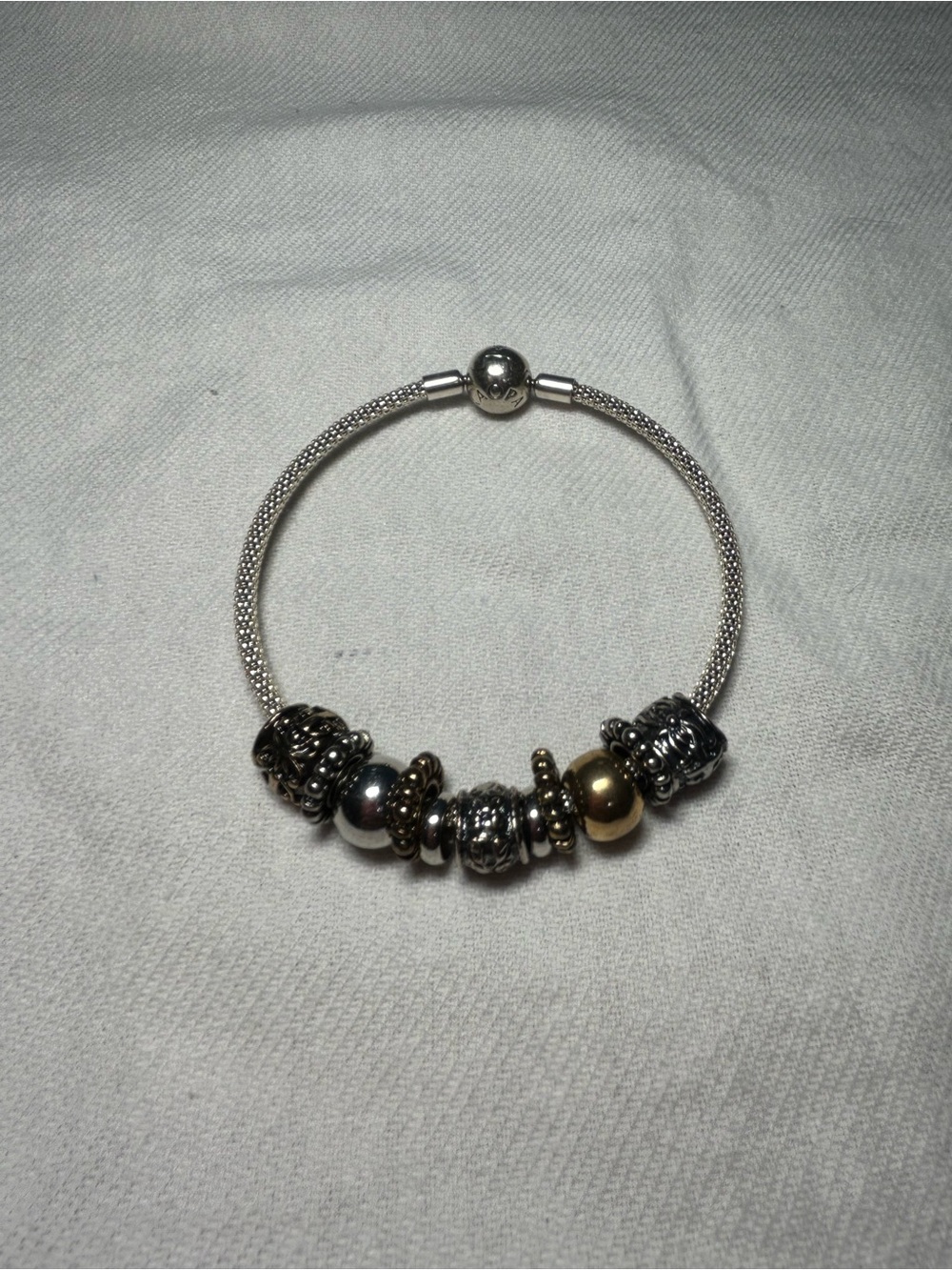 Pandora Sterling Silver Mesh Beaded Bracelet with Charms